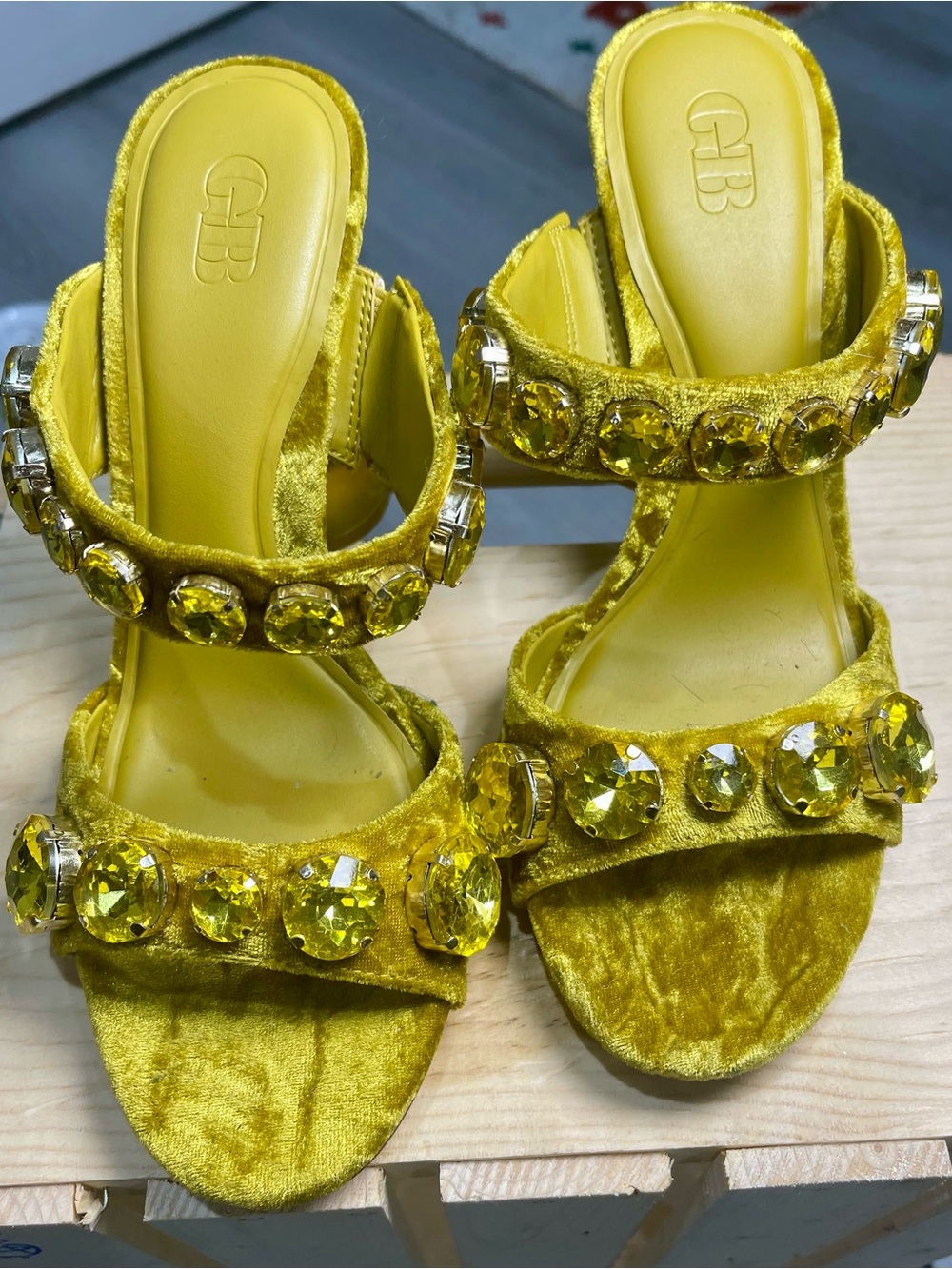 Gianni Bini Green Jeweled Velvet Slide Heels - Picture 5 of 6